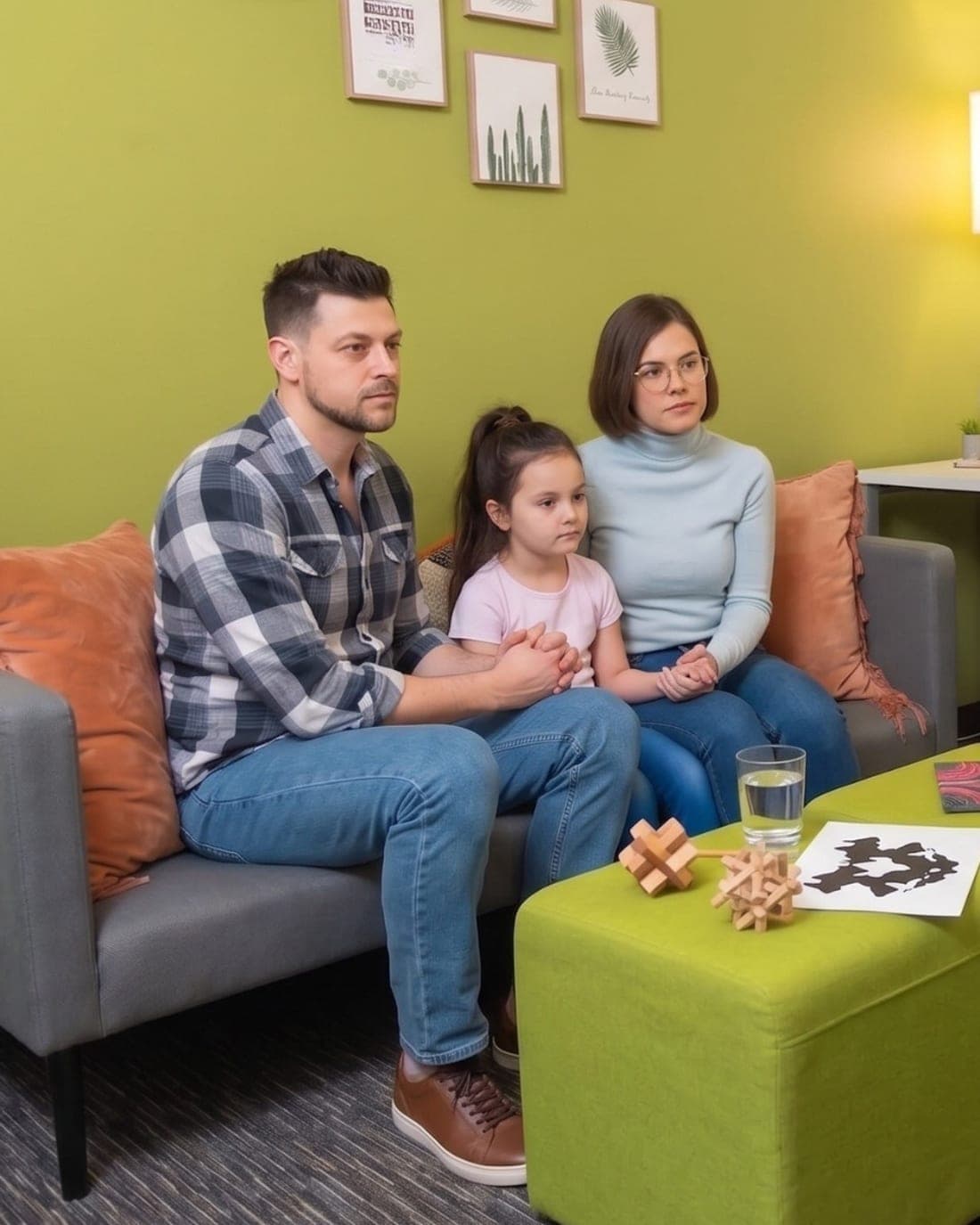 A family sitting together on a couch in the practice’s Mesa room, talking with a clinician who is making notes.