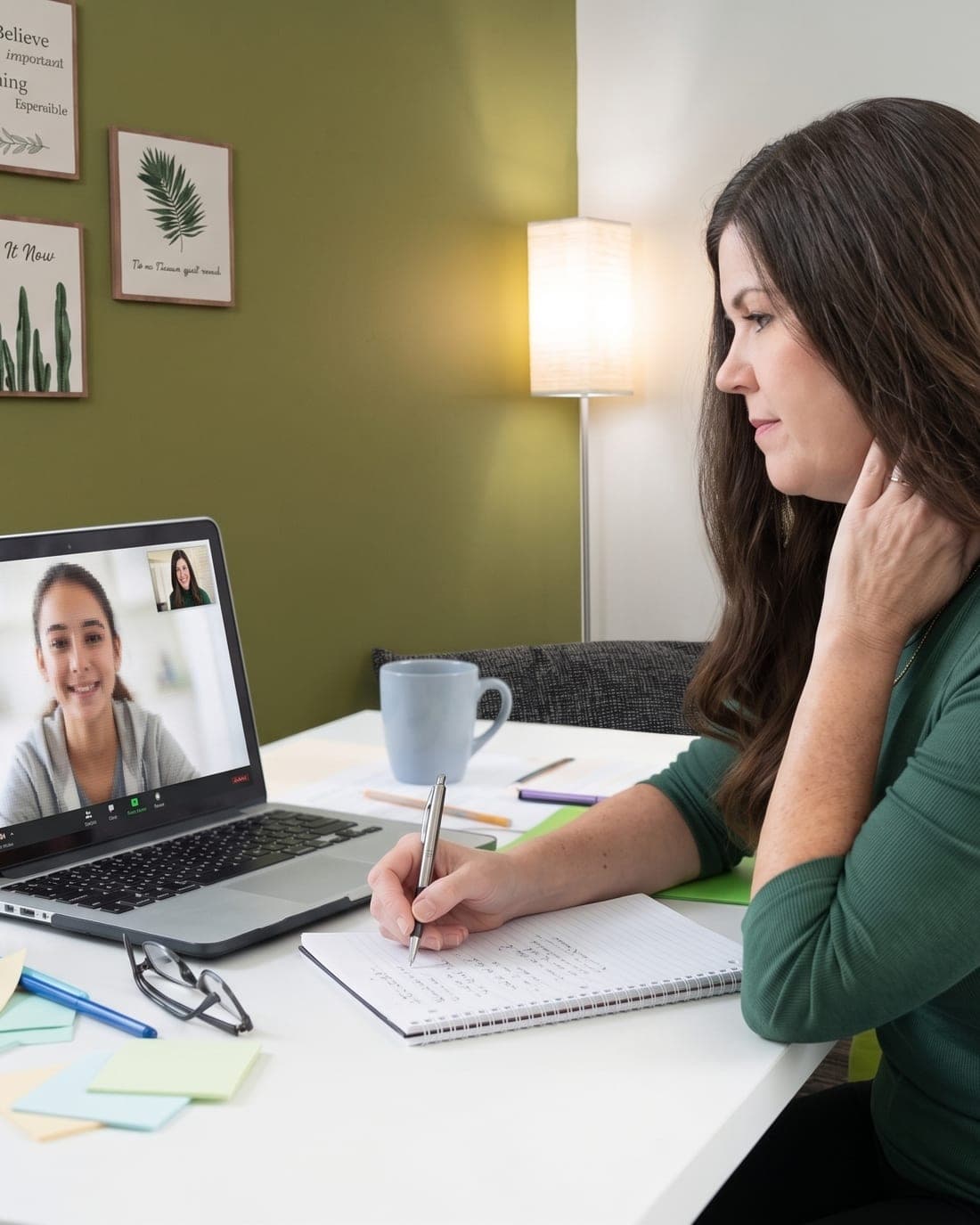 A woman taking notes at a desk during a video call on a laptop.
